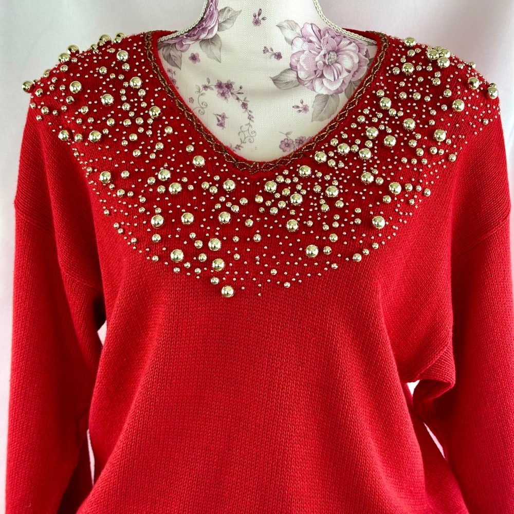 Vintage 1980s Red Beaded Holiday Christmas‎ Sweater Gold Beads Party Size M